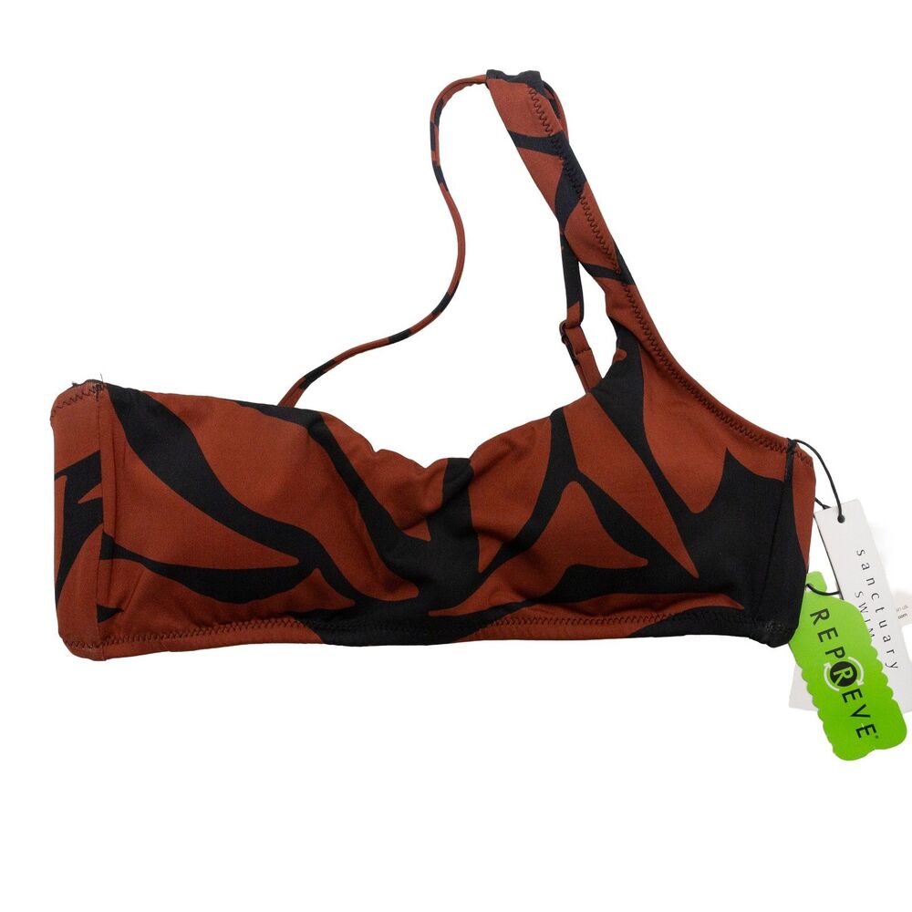 Sanctuary Women's S Asymmetrical One Shoulder Swim Top Earth Black Tiger Stripe